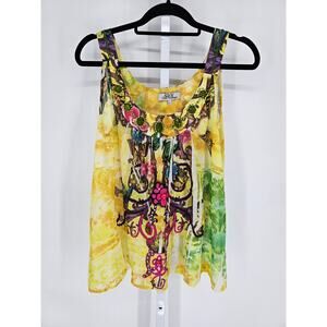 Spy Zone Exchange Womens Sz L Sleeveless Blouse Bright Yellow Butterfly Floral